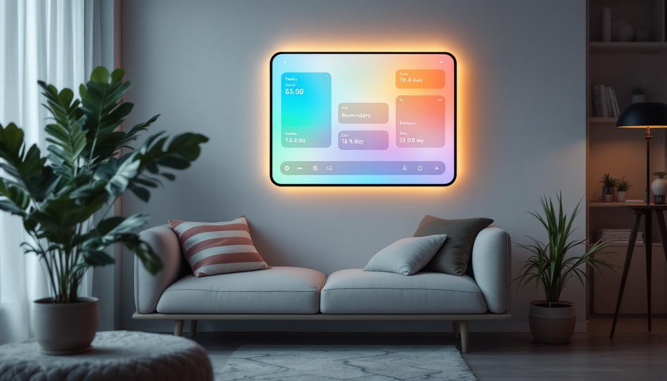 A photograph of a modern digital wall organizer featuring an led display in a stylish home setting