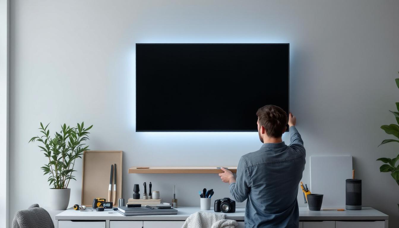 A photograph of a person skillfully hanging a modern cabinet on a wall