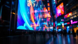 A photograph of a vibrant led display in a bustling urban environment
