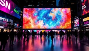 A photograph of a vibrant led display in a bustling urban environment