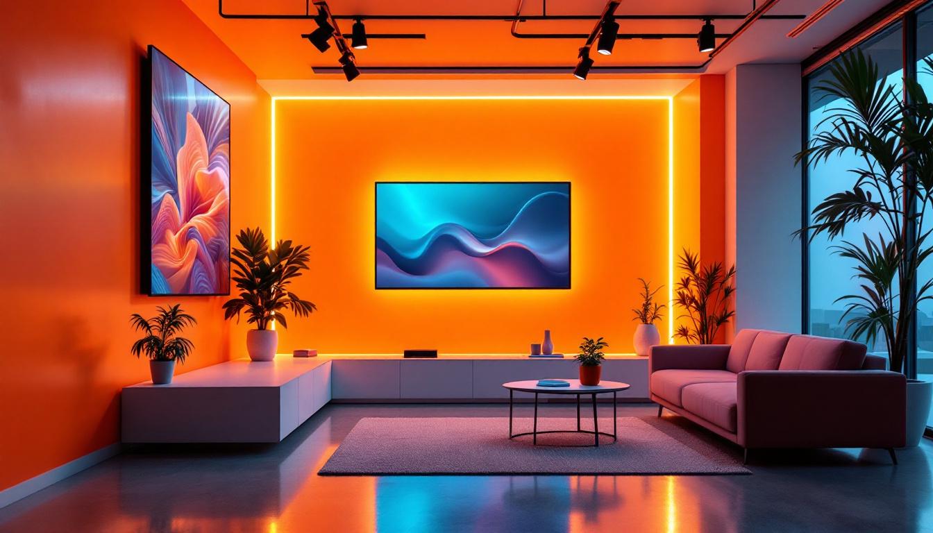 A photograph of a modern interior space featuring light orange walls