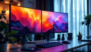 A photograph of a sleek multi-monitor setup featuring two or more 27-inch led displays