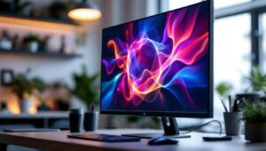 A photograph of a sleek lcd 19-inch monitor displaying vibrant led graphics