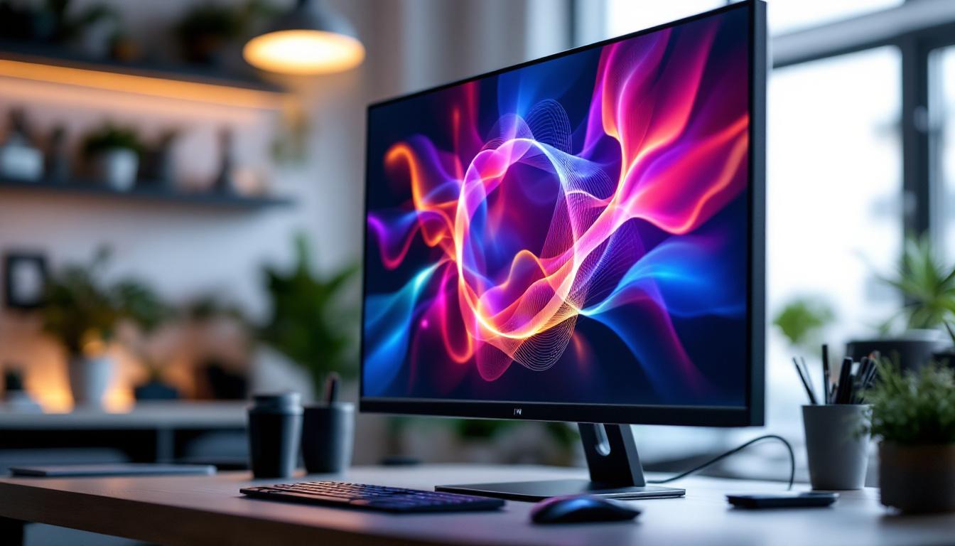 A photograph of a sleek lcd 19-inch monitor displaying vibrant led graphics