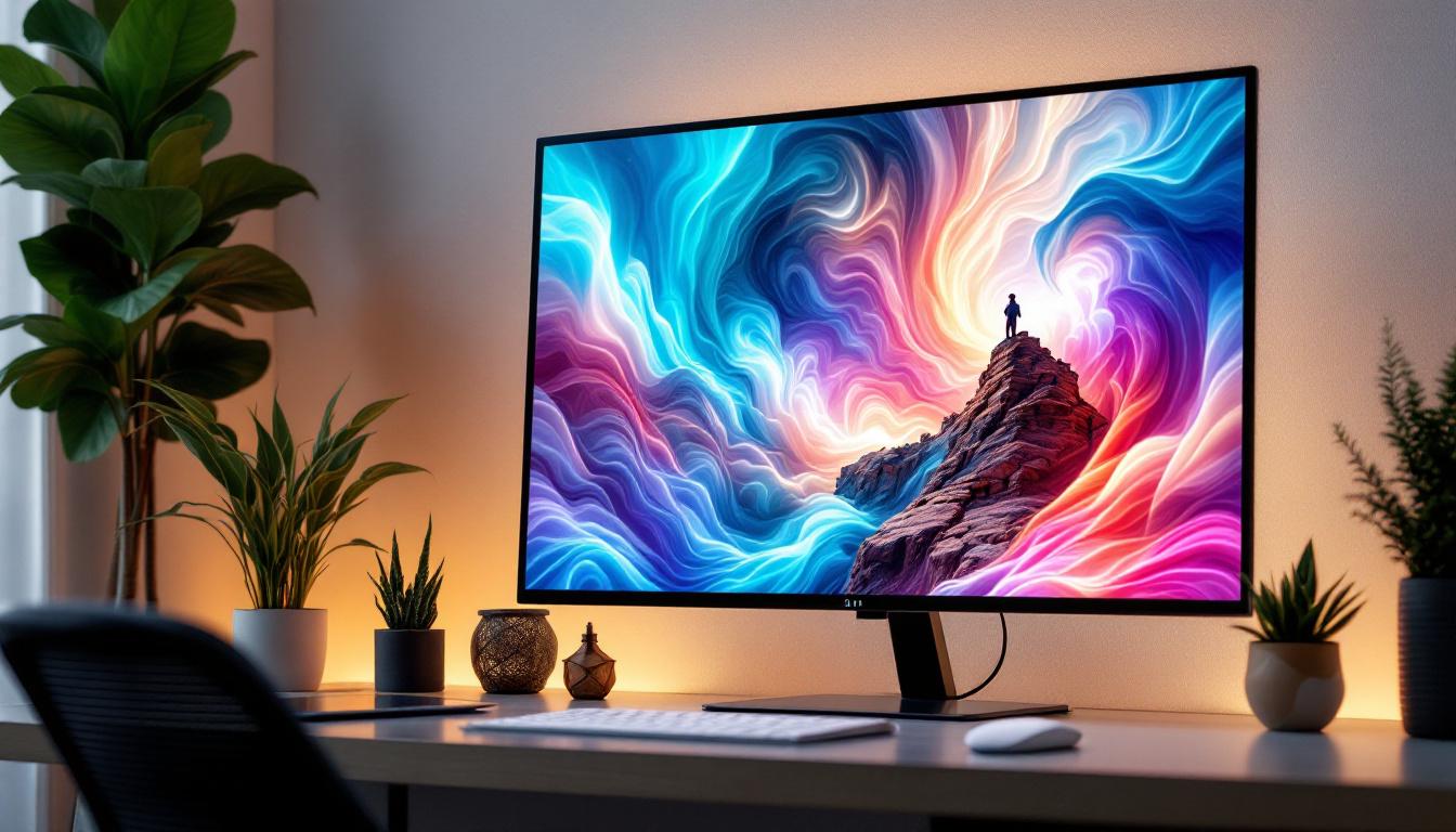 A photograph of a sleek flat panel led monitor displaying vibrant