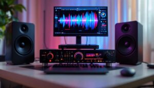 A photograph of capture a photograph of a high-resolution audio setup featuring an led display