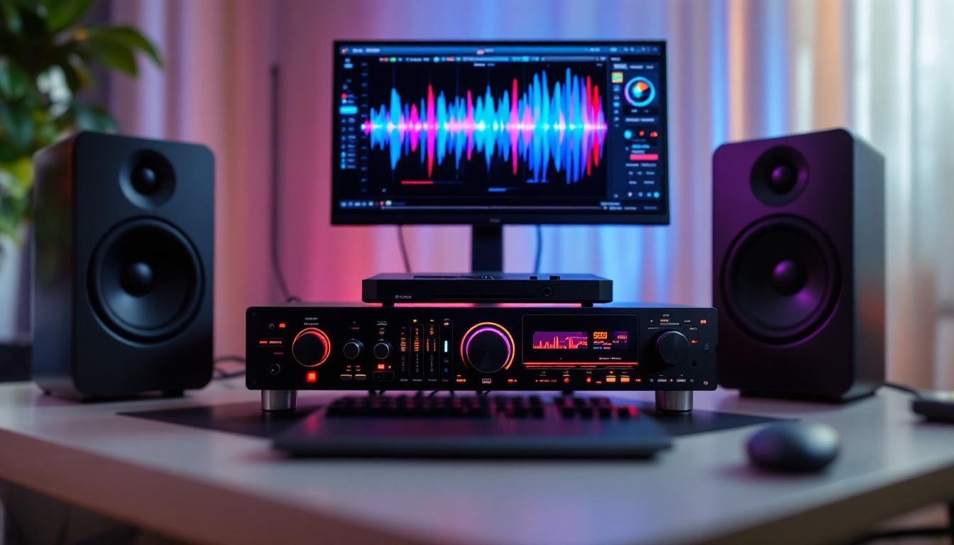 A photograph of capture a photograph of a high-resolution audio setup featuring an led display