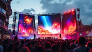 A photograph of a vibrant outdoor event featuring a large led jumbotron display in action