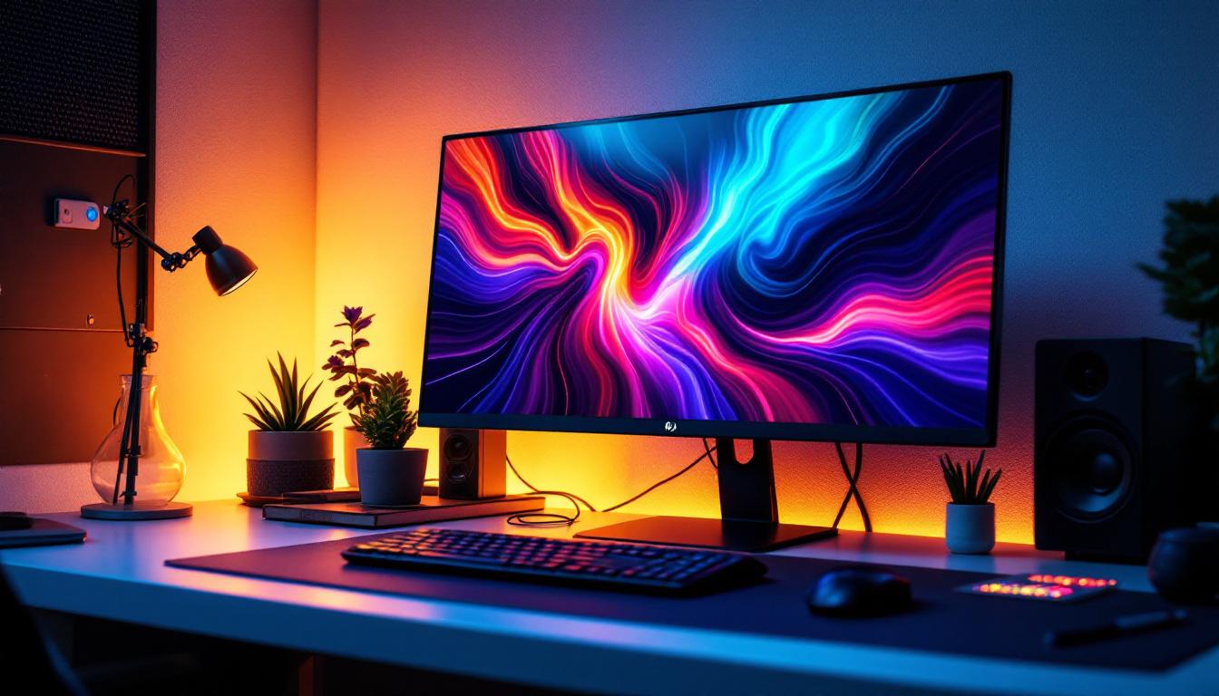 A photograph of capture a photograph of the hp v242h monitor in an aesthetically pleasing workspace