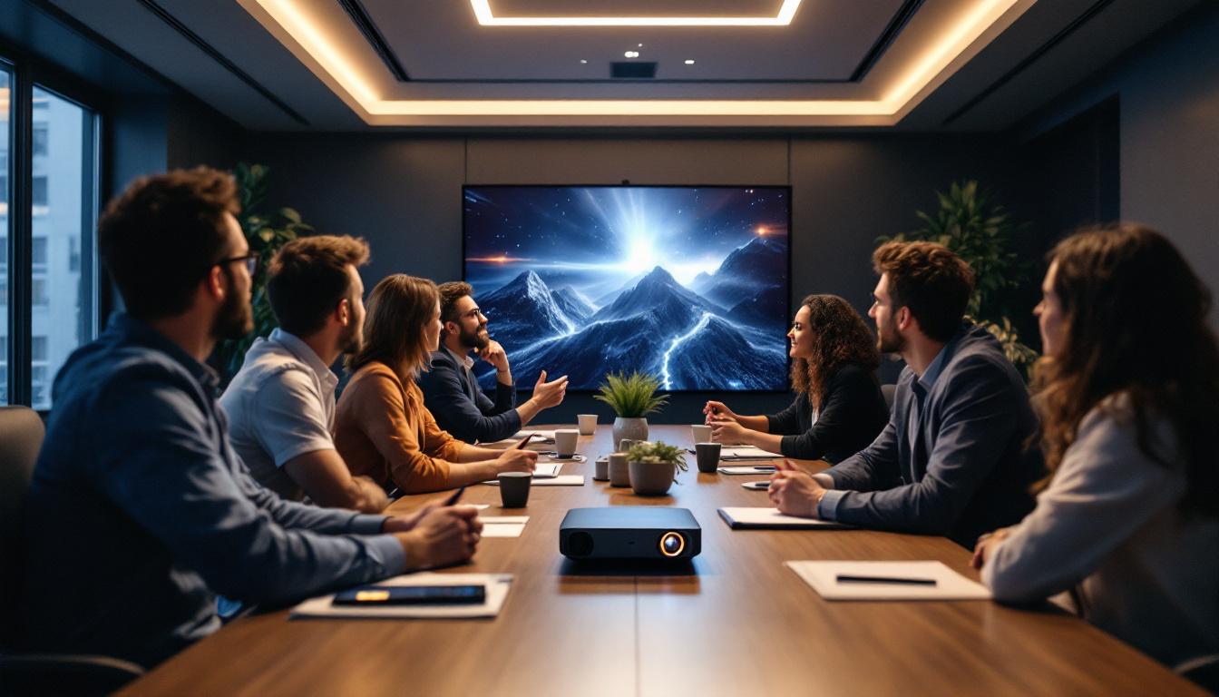 A photograph of a modern conference room setup featuring a high-quality led projector in use
