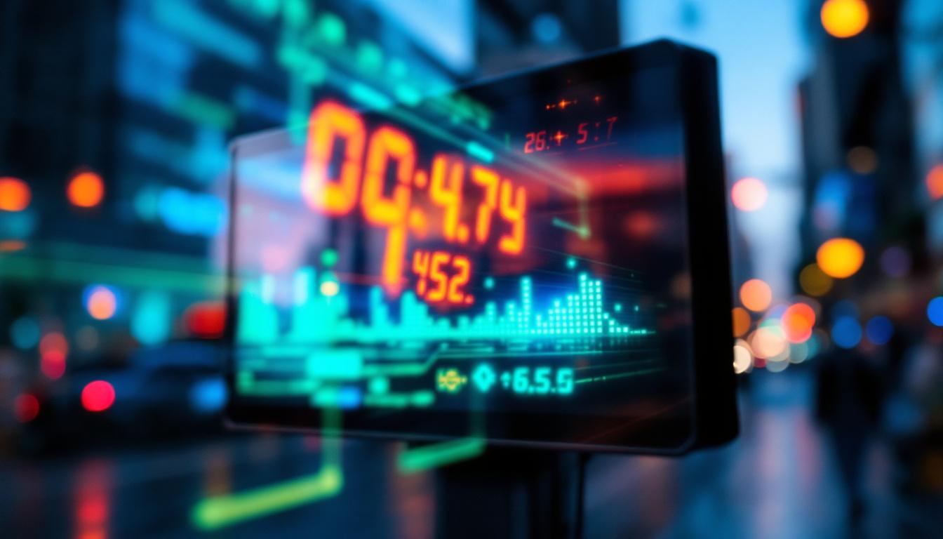 A photograph of a close-up shot of a digital running board featuring a vibrant led display in action