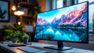 A photograph of a high-resolution led monitor displaying vibrant