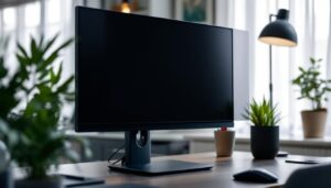 A photograph of capture a photograph of a sleek 24-inch led monitor with a privacy screen in a modern workspace setting