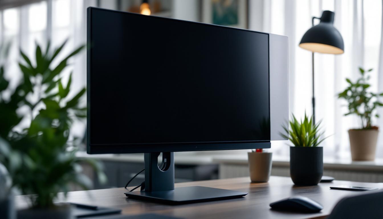 A photograph of capture a photograph of a sleek 24-inch led monitor with a privacy screen in a modern workspace setting