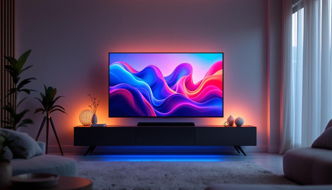 A photograph of a modern living room featuring a stylish 110-inch tv stand with an led display