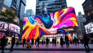 A photograph of a vibrant lg commercial led display in a dynamic urban setting