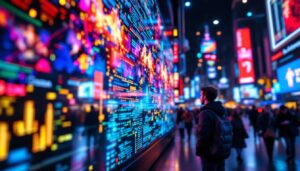 A photograph of a vibrant led display in a bustling urban setting