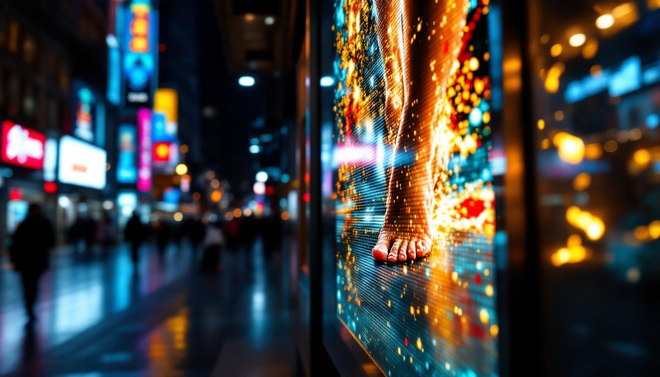 A photograph of a vibrant led display showcasing an artistic foot photograph