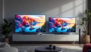 A photograph of a side-by-side comparison of a 55-inch and a 50-inch led tv displaying the same vibrant image