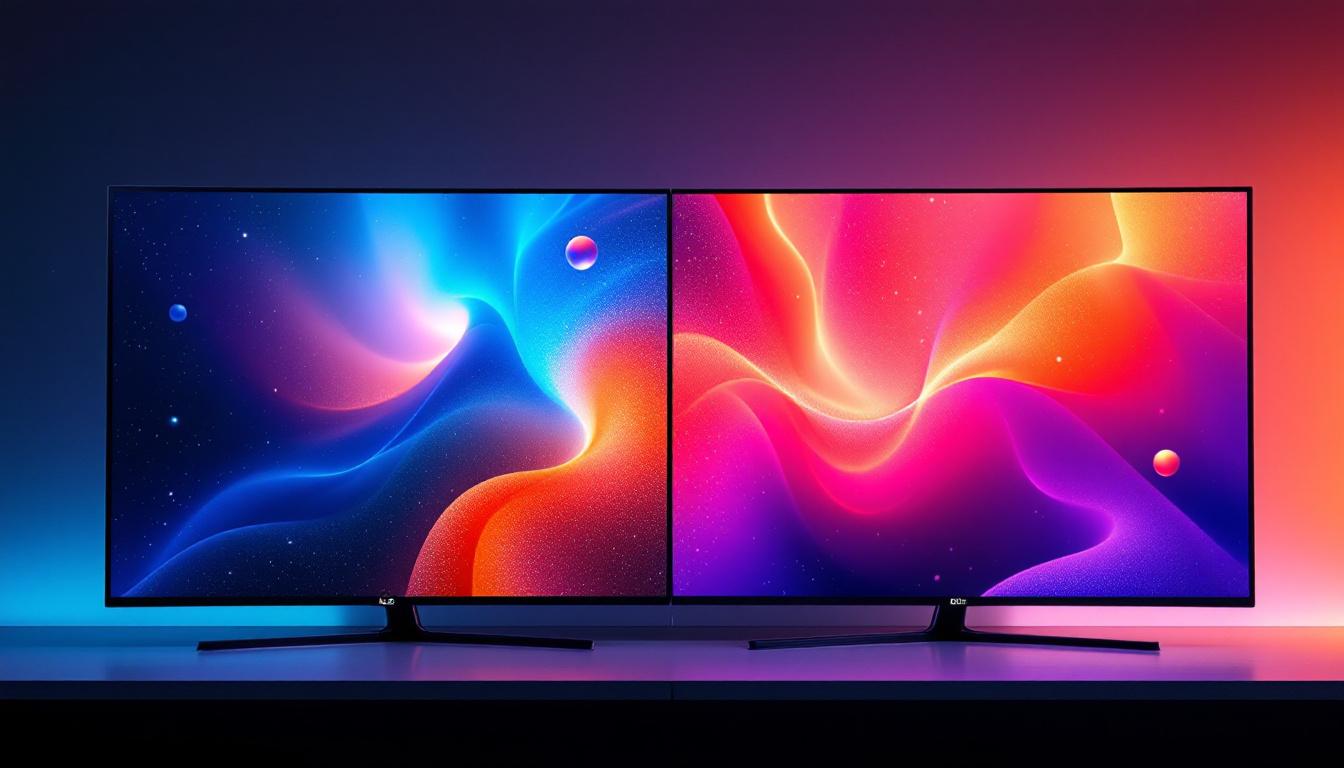 A photograph of a side-by-side comparison of a standard led display and a qled display