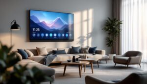 A photograph of a modern smart home setup featuring a sleek led display interface