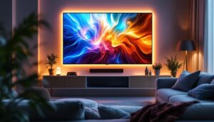 A photograph of a modern living room featuring a vibrant led display on the wall