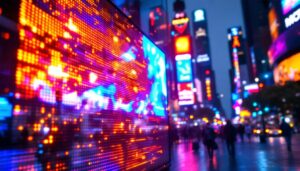 A photograph of a vibrant led display in a bustling urban environment