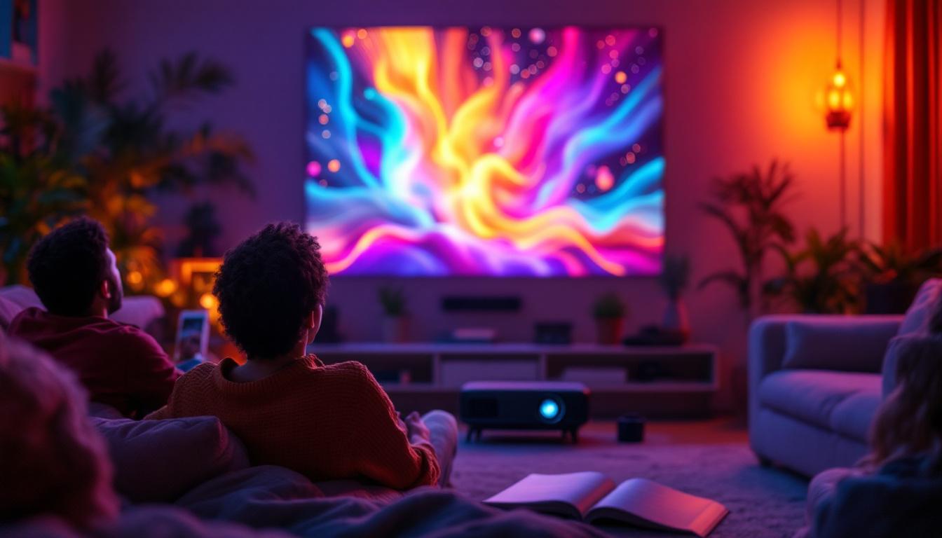 A photograph of a vibrant setup featuring a projector and screen in a cozy indoor environment