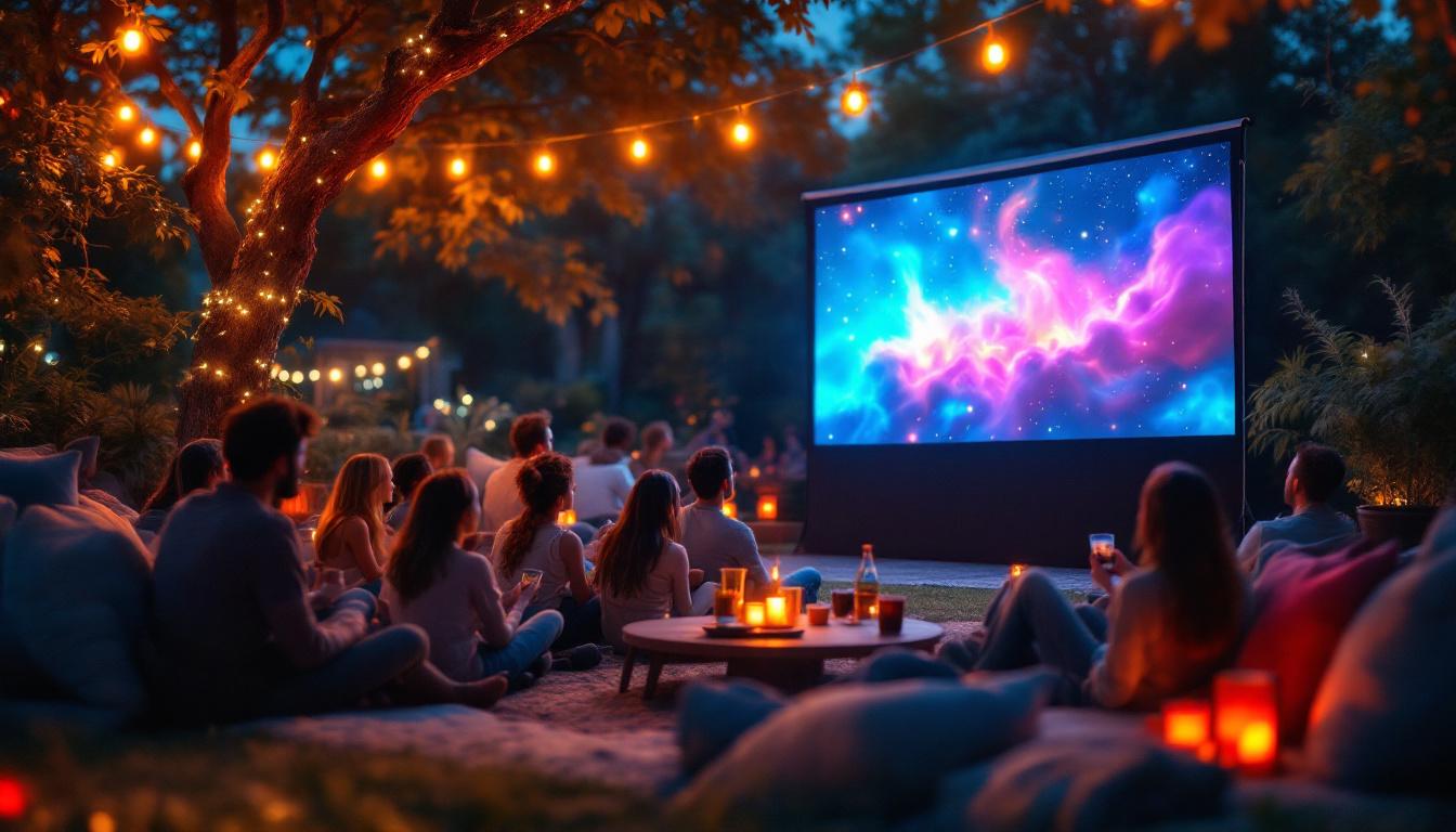 A photograph of a vibrant outdoor setting featuring a projector displaying a vivid image on a large screen