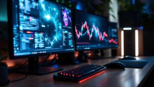 A photograph of a modern desktop setup featuring multiple led monitors displaying vibrant graphics