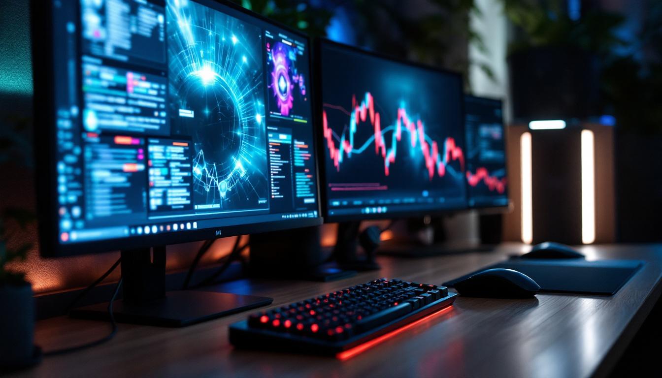 A photograph of a modern desktop setup featuring multiple led monitors displaying vibrant graphics