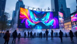 A photograph of a vibrant outdoor setting showcasing a large led digital advertising screen in action