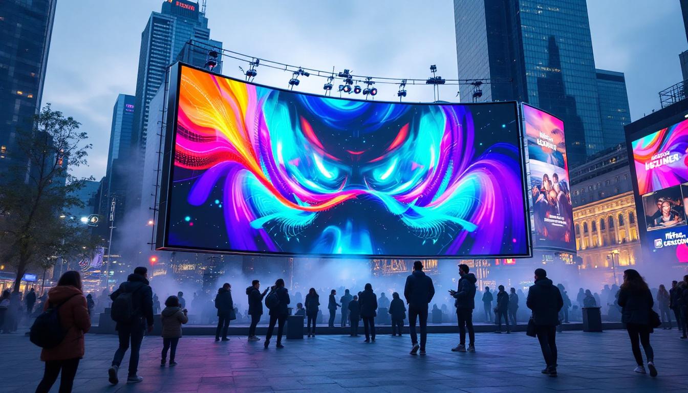 A photograph of a vibrant outdoor setting showcasing a large led digital advertising screen in action