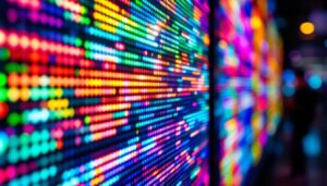 A photograph of a close-up shot of a vibrant led display in action