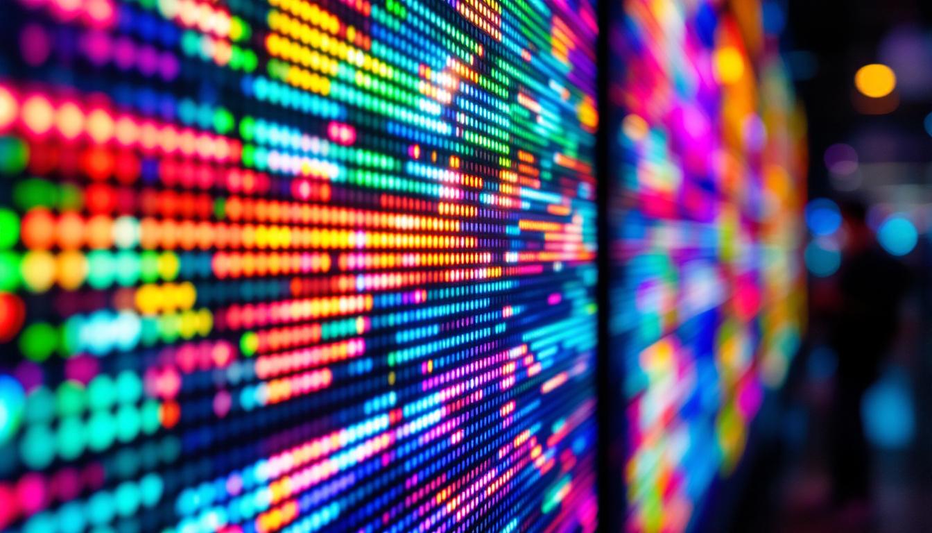 A photograph of a close-up shot of a vibrant led display in action