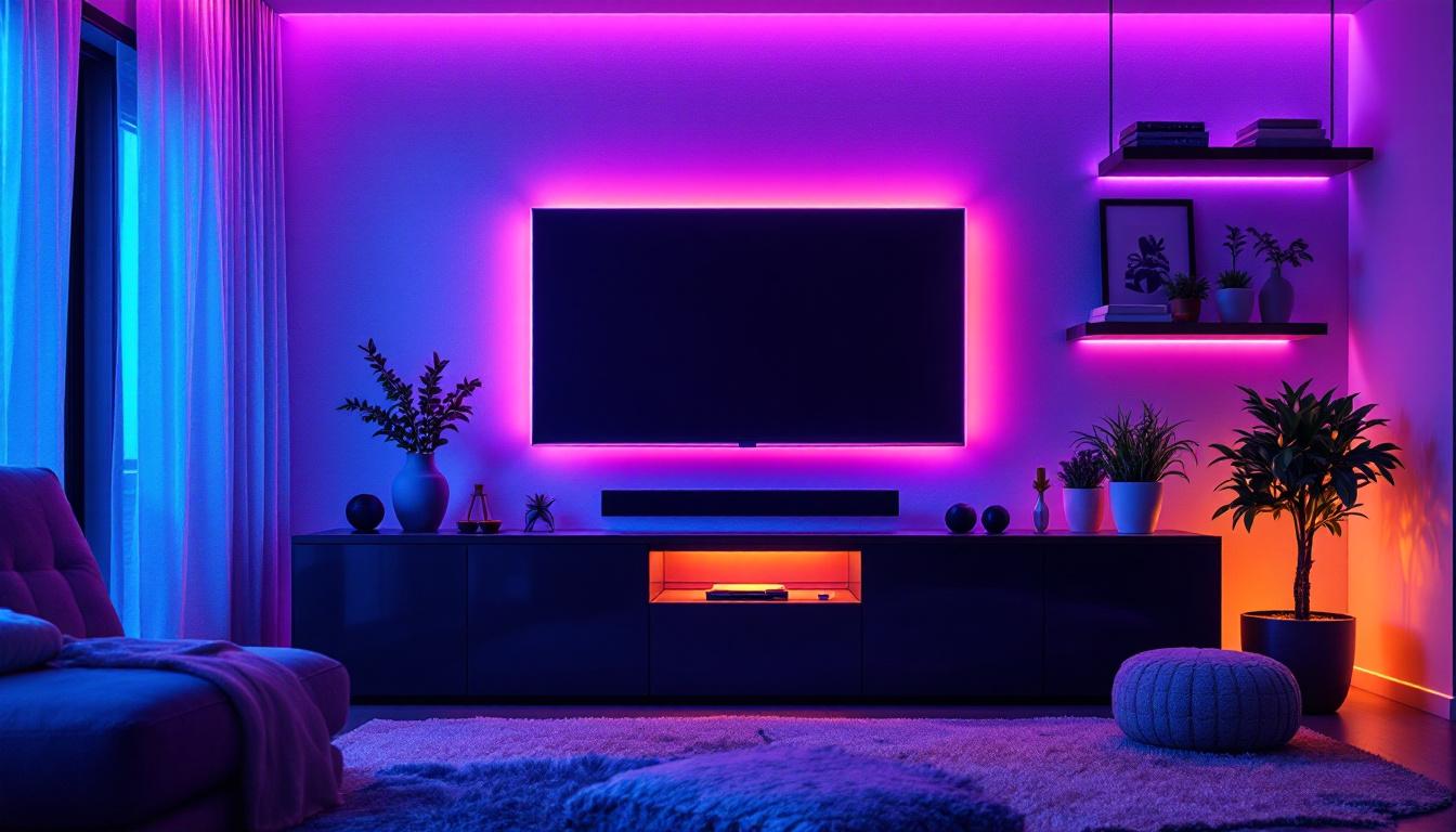 A photograph of a stylish entertainment center illuminated by vibrant led lights