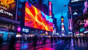 A photograph of a vibrant led display in a dynamic urban setting