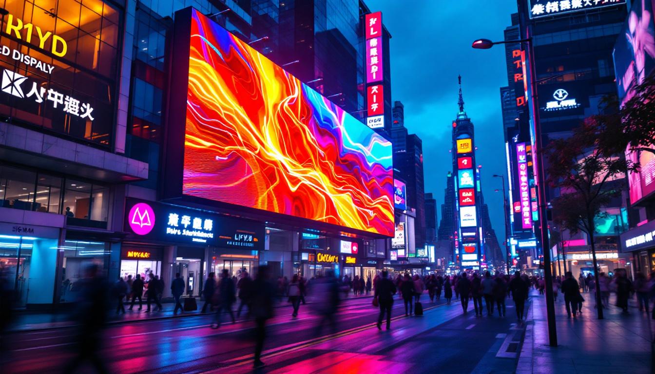 A photograph of a vibrant led display in a dynamic urban setting