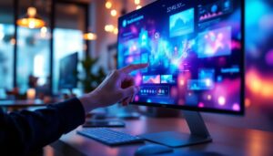 A photograph of a sleek 32-inch touch screen monitor displaying vibrant