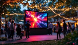 A photograph of a vibrant outdoor setting showcasing a yard screen panel with an led display in action