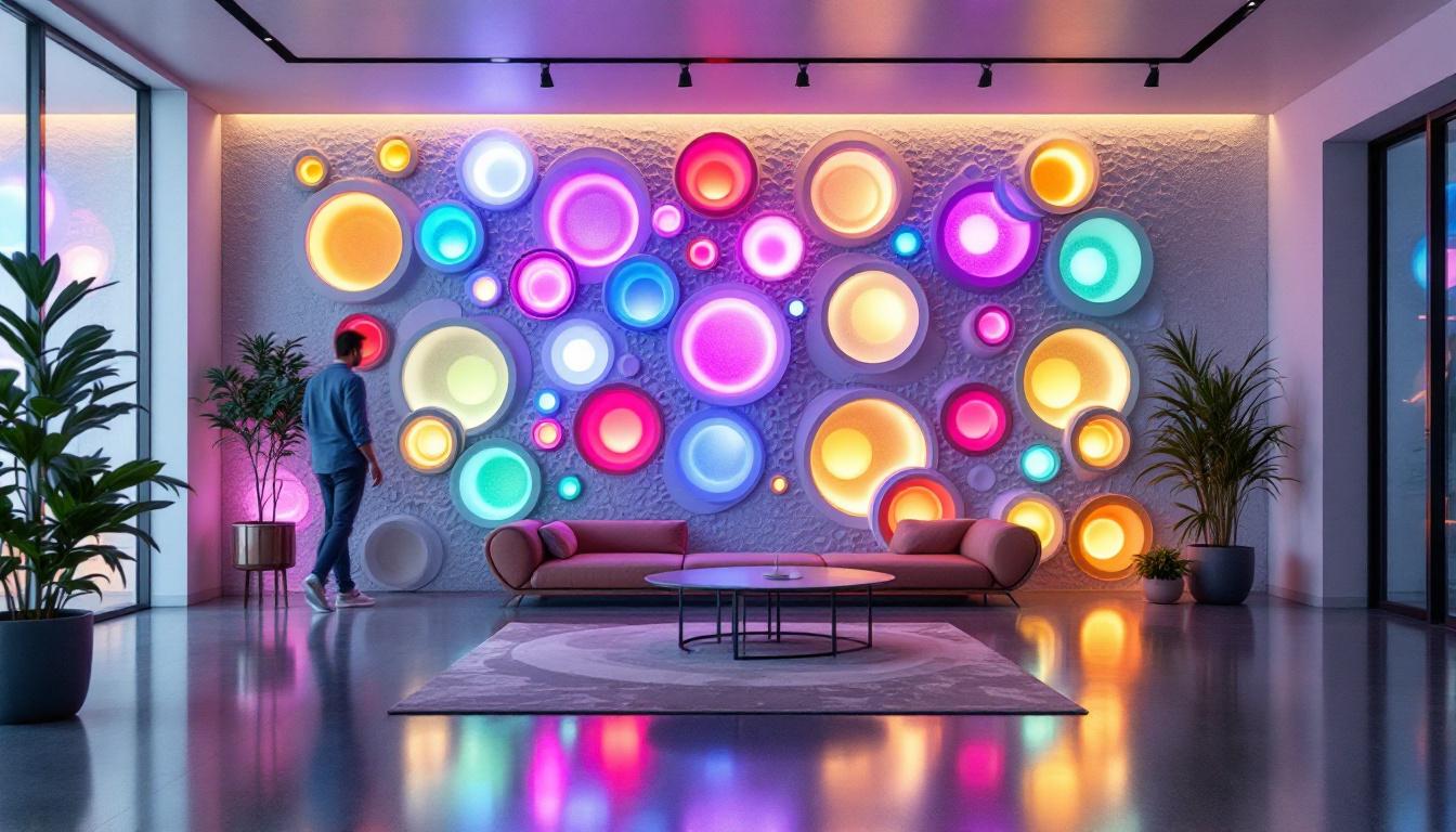 A photograph of a modern interior featuring a 3d-printed wall embedded with vibrant led displays