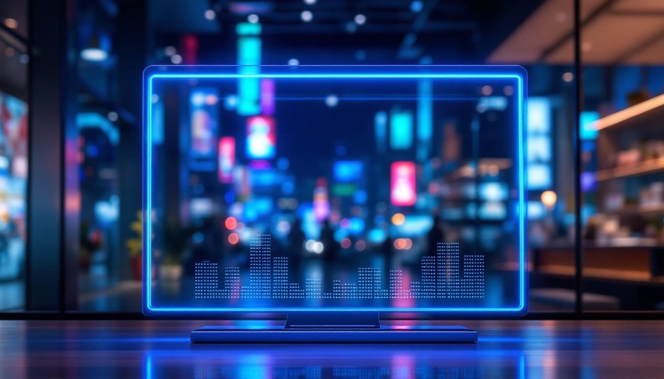 A photograph of a transparent led display in a modern setting