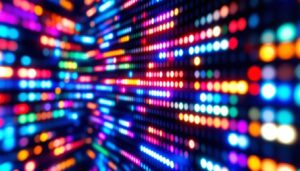 A photograph of a vibrant led display featuring a block diagonal matrix pattern