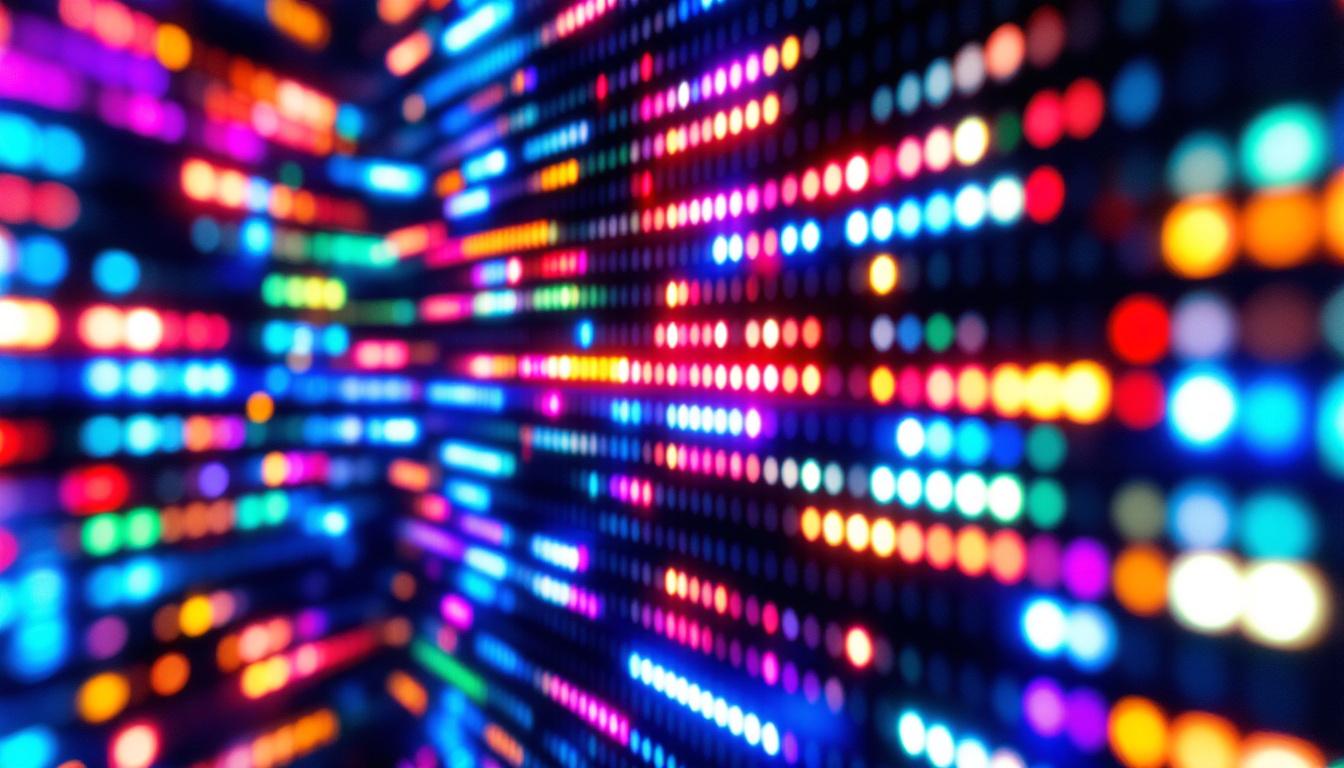 A photograph of a vibrant led display featuring a block diagonal matrix pattern