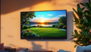 A photograph of capture a photograph of a 50-inch outdoor led tv mounted on a patio wall