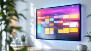 A photograph of a modern digital wall planner with a vibrant led display