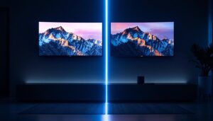 A photograph of a side-by-side comparison of a projector screen displaying an image versus an led display showcasing the same content