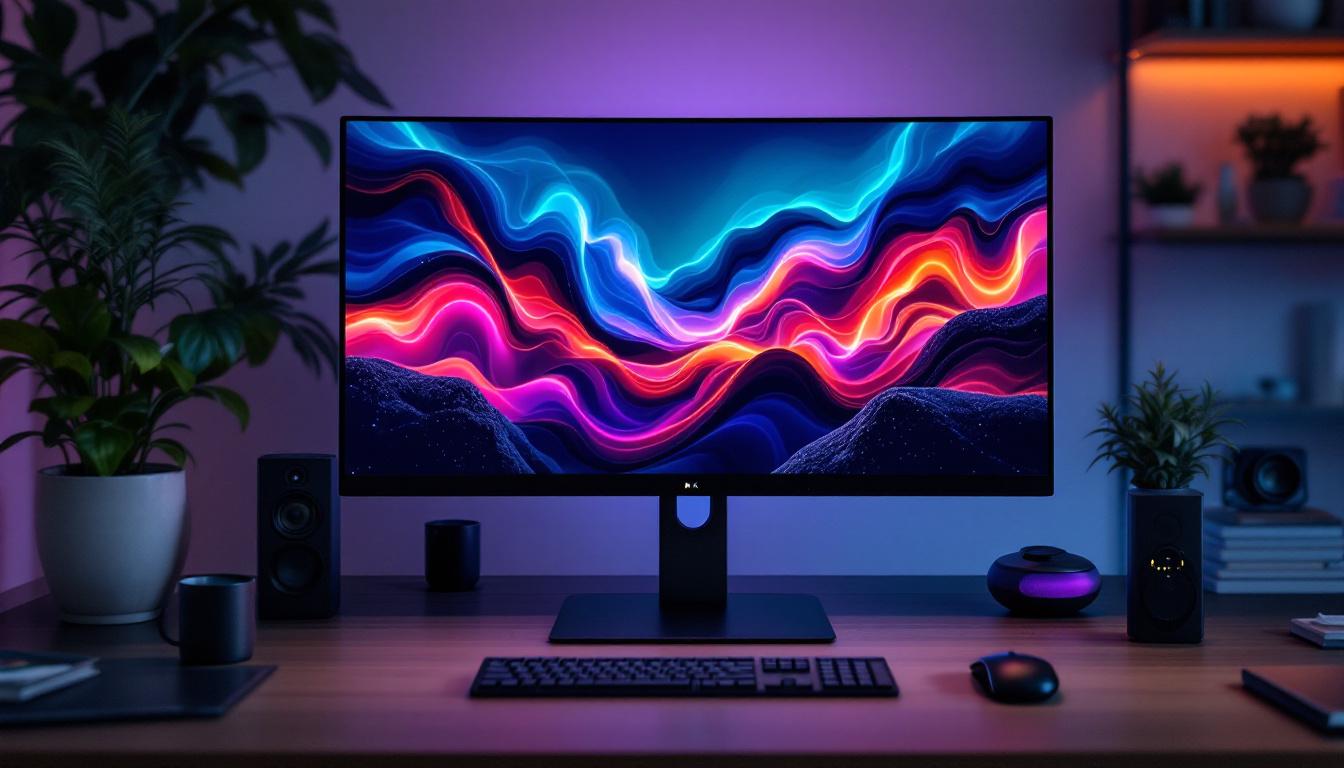 A photograph of a sleek 4k all-in-one computer setup featuring its vibrant led display in a modern workspace