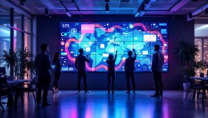 A photograph of a vibrant led wall display in a modern workspace
