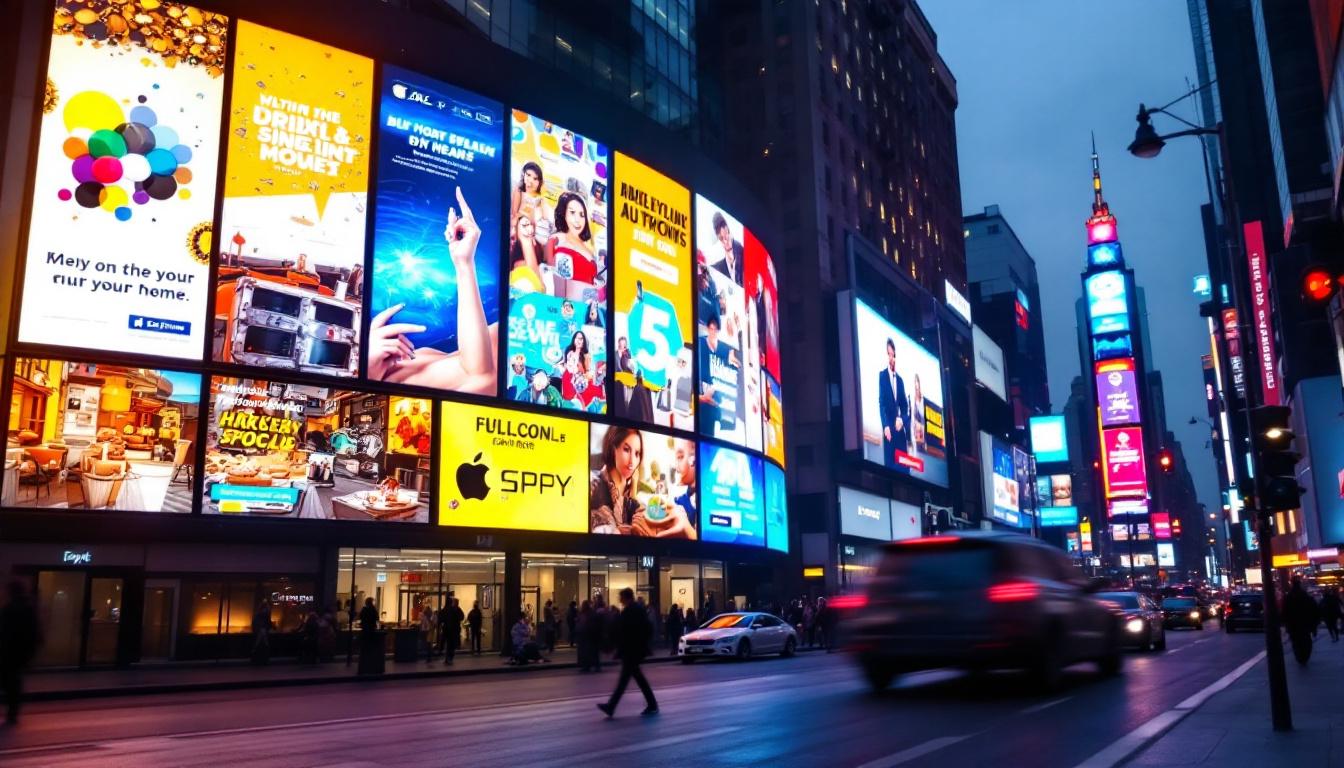 A photograph of a vibrant and dynamic commercial led display in an urban setting